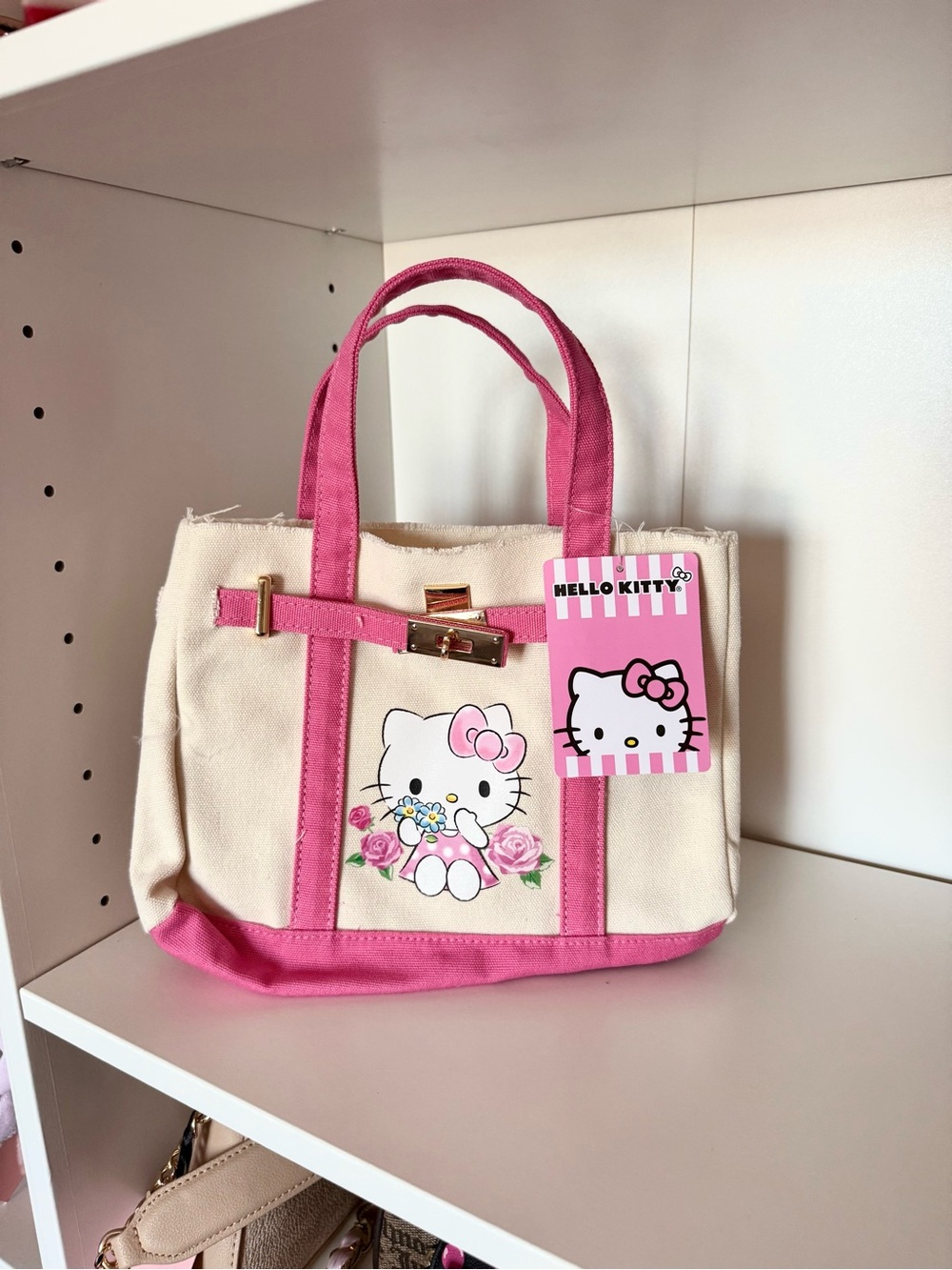 Hello Kitty Cream Canvas Tote with Pink Trim and Gold Hardware